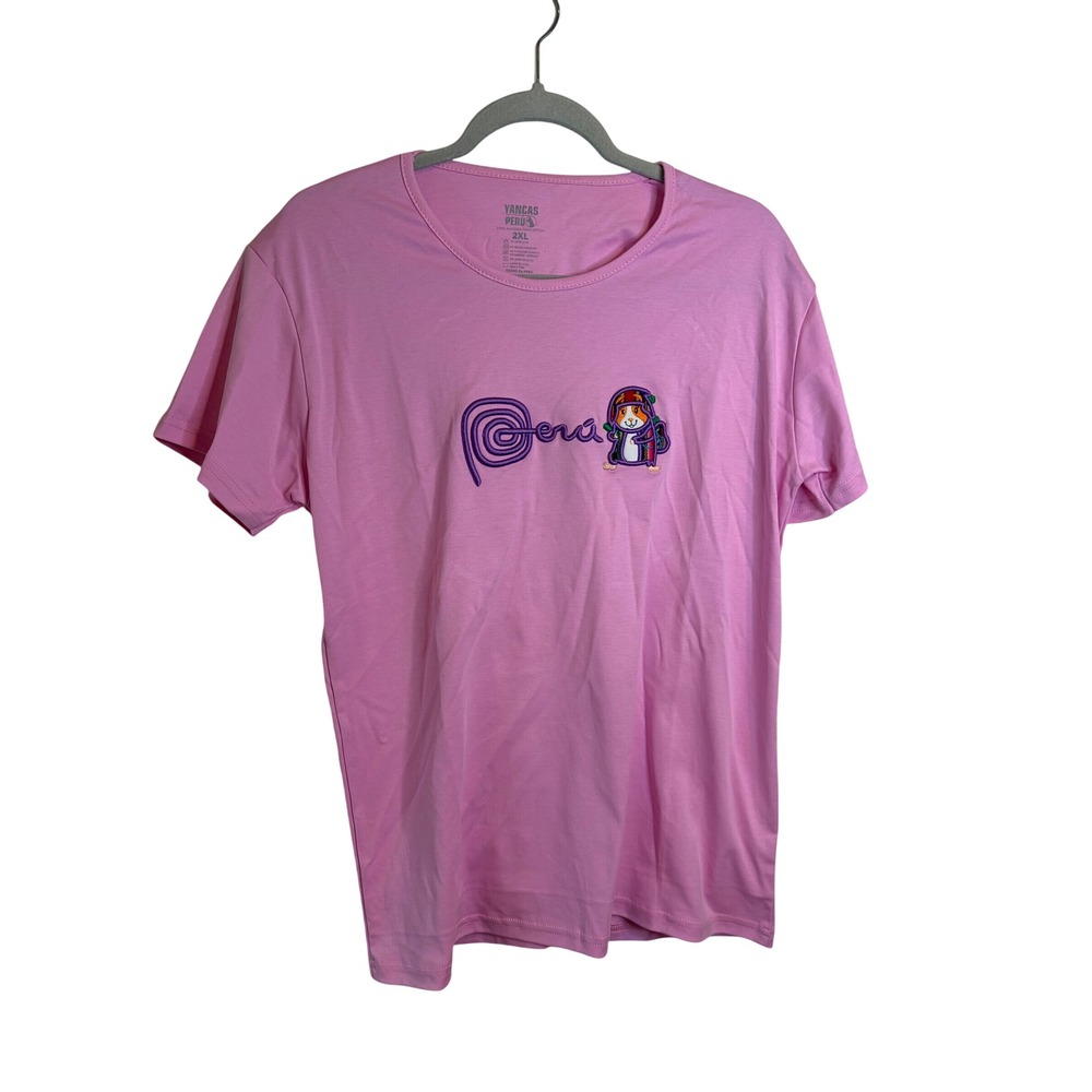 Yancas Peru Pink Cotton T-Shirt Womens 2XL Embroidered Guinea Pig Graphic Tee